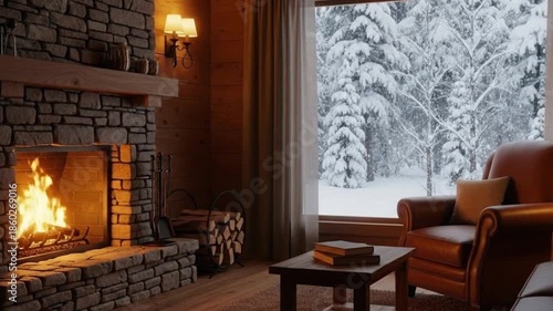 Relaxing cozy winter ambience crackling fireplace warm rustic lodge snowy forest window view comfy armchair books