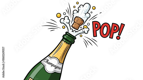 Vibrant illustration of a champagne bottle with the cork exploding, surrounded by festive fizz and bubbles, perfect for celebrations and special announcements