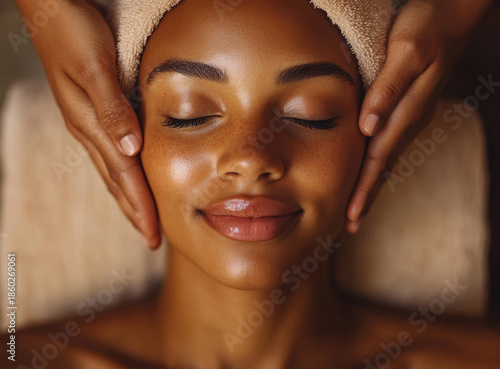 Relaxation during facial treatment with a woman enjoying spa care