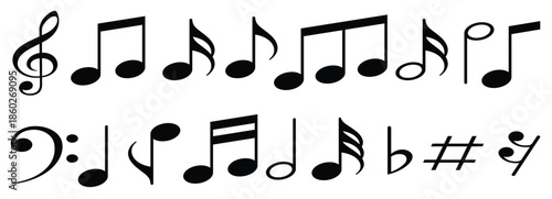 Music note icon set, stylist design element, flat solid glyph, vector design template