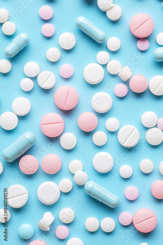 Assorted colorful pills and capsules scattered on a blue background