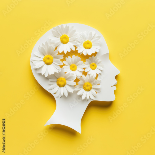 Creative paper cutout of a human head with flowers on a bright yellow background