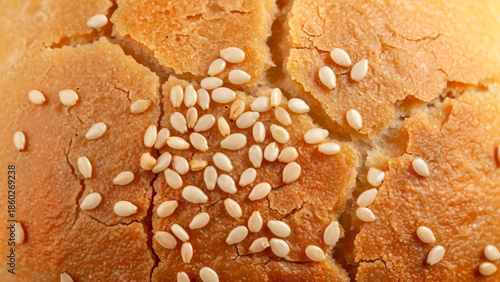 Close-up Texture of Toasted Burger Bun with Sesame Seeds