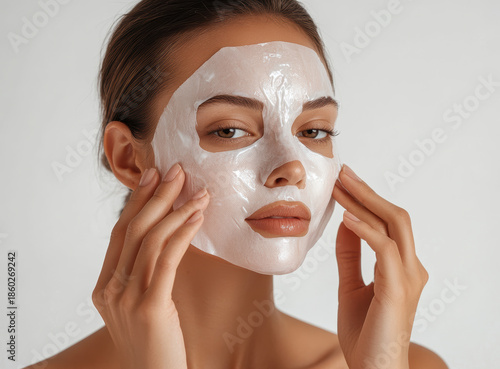 Woman applying facial mask for skincare routine in bright, clean space