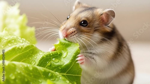 Wallpaper Mural Adorable striped dwarf hamster enjoying a refreshing snack of crisp green lettuce, showcasing its tiny paws and gentle nature while nibbling on the fresh, succulent leaf with visible water droplets Torontodigital.ca