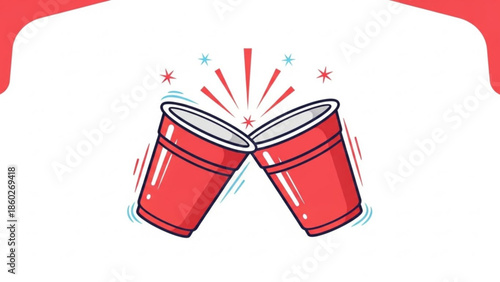 Two red plastic cups clinking together in celebration with motion lines and starburst