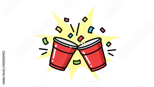 Two red plastic cups clinking together with confetti and a yellow explosion in the background, symbolizing celebration and fun