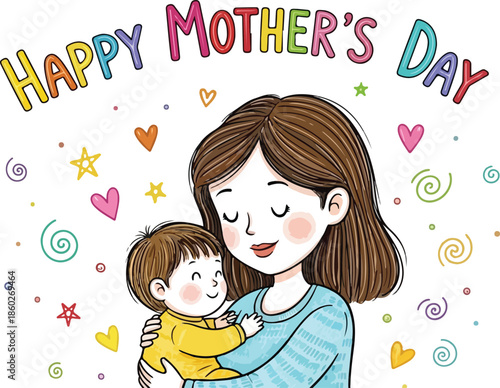 Happy mother's day illustration of loving mom embracing child
