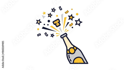 Celebration icon with champagne bottle popping, confetti and stars exploding, festive party symbol, joyful event illustration, happy anniversary, new year, birthday