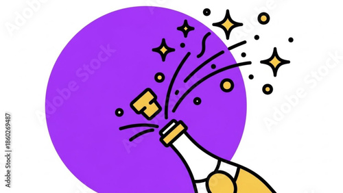 Vibrant purple celebration background with champagne bottle popping cork and golden confetti sparks flying everywhere festive party decoration