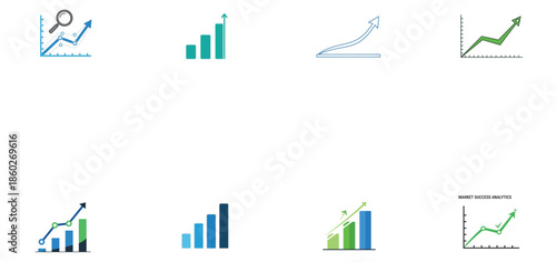 Illustration of set of eight different business growth and analytics chart icons with upward trends