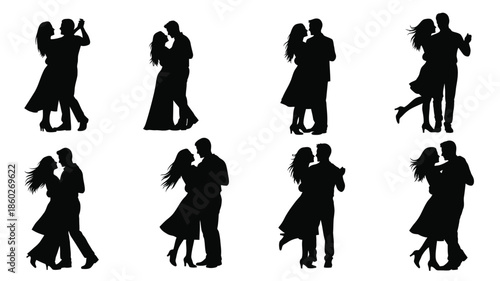 Various couples dancing in romantic poses a captivating black silhouette