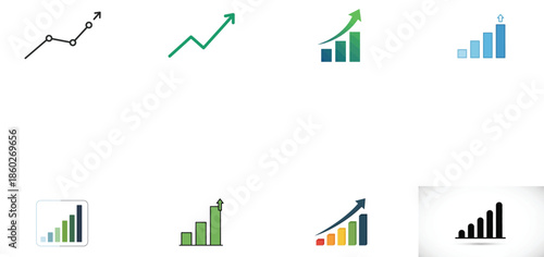 Illustration of set of eight different icons representing business growth, statistics, and upward trends