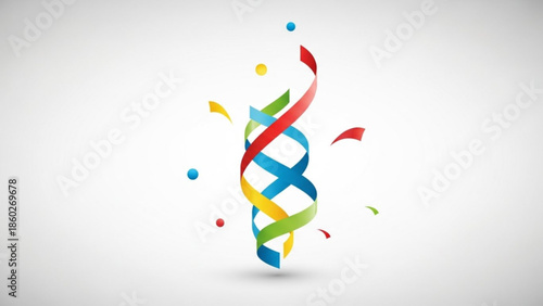 Colorful dna double helix ribbon with confetti on white background, symbolizing genetic diversity and celebration