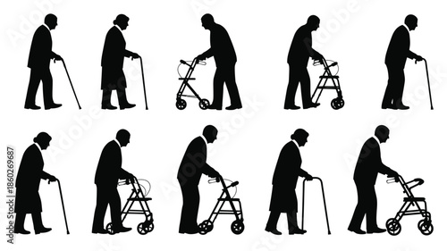Diverse elderly people using walking aids shown in black silhouette