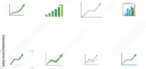Illustration of collection of various upward trending business growth charts and graphs icons
