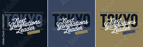 Graphic design concept showcasing the Tokyo Next Generations Leader branding across three distinct color palette variations for visual testing