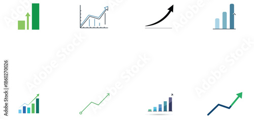 Illustration of set of 8 icons representing growth, statistics, finance, and data analysis