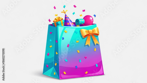 Colorful gift bag with party supplies and confetti, festive celebration decoration with bow, birthday presents and decorations