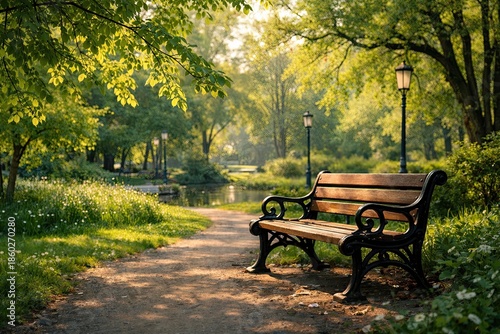 Peaceful spring park with empty bench, trees, lanterns and sunlight near pond on a quiet morning pathway