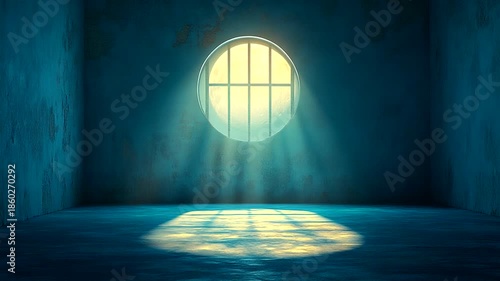 Sunlight streaming through a round window into an empty, dimly lit room