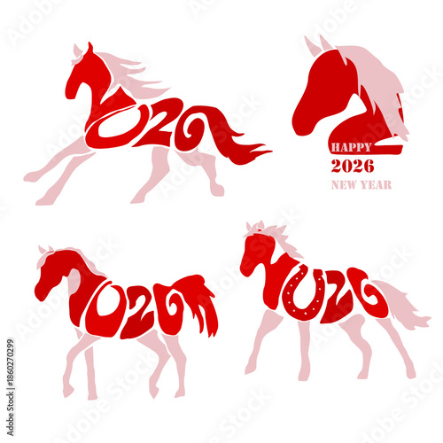 Holiday card Happy New Year 2026. Stylized image of a fire horse according to the Eastern Chinese calendar. Astrological New Year.