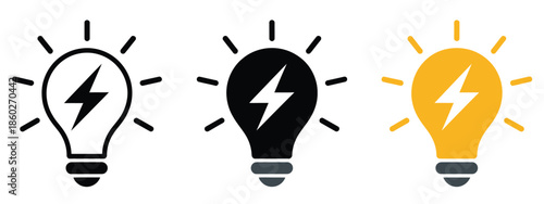 Electric light bulb icon set with lightning bolt, including outline, solid, and yellow flat styles, vector illustrations representing energy, power, electricity, innovation, and smart technology