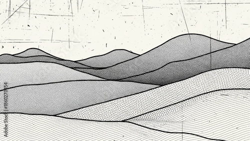 Illustration of a stylized landscape with rolling hills and mountains in a range of gray tones on a white background with subtle texture