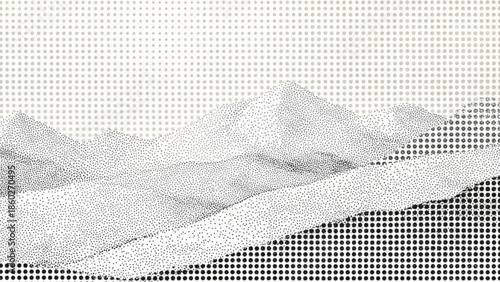 Halftone mountain range landscape with gradient effect in black and white
