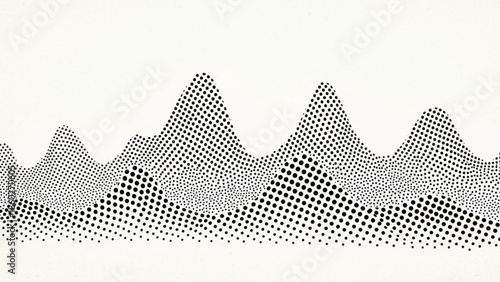 Black and white halftone mountain range landscape with dotted pattern texture, graphic design element for backgrounds and overlays