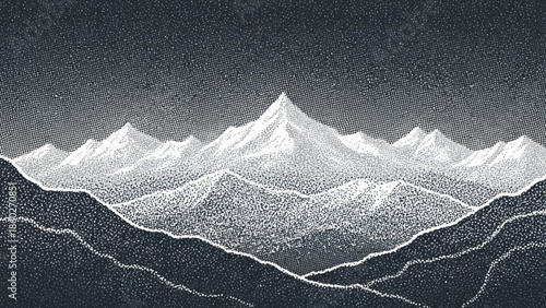 Snowy mountain range landscape with white peaks and dark hills, halftone illustration