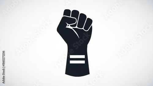 Black raised fist with white lines on gray background symbolizing protest, equality, and activism