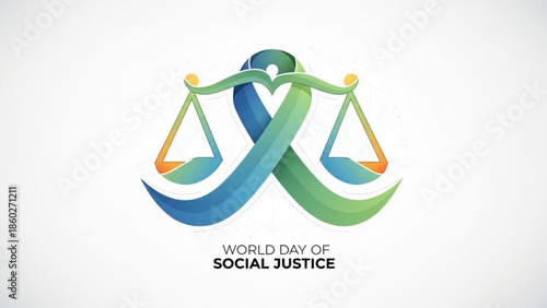 World day of social justice graphic with scales and heart ribbon symbolizing equality and fairness
