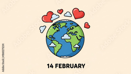 Earth surrounded by hearts and clouds on valentine's day, love concept for february 14th