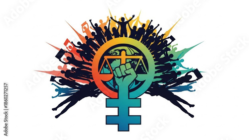 Vibrant crowd of people with raised fists and flags around a rainbow colored peace and female symbol on white background, representing unity