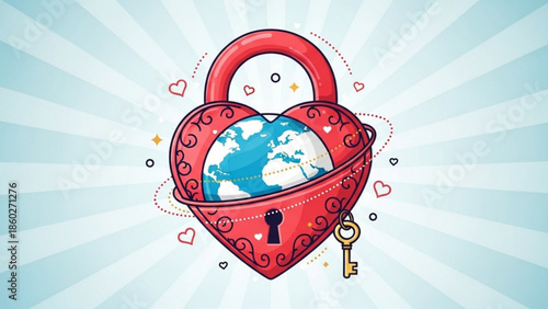 Heart shaped lock protecting the earth with key on light blue background with hearts
