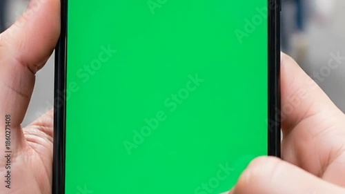Smartphone with green screen being held by a person, perfect for application presentation, digital