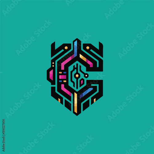 Abstract crypto logo in neo primal futurism style.eps