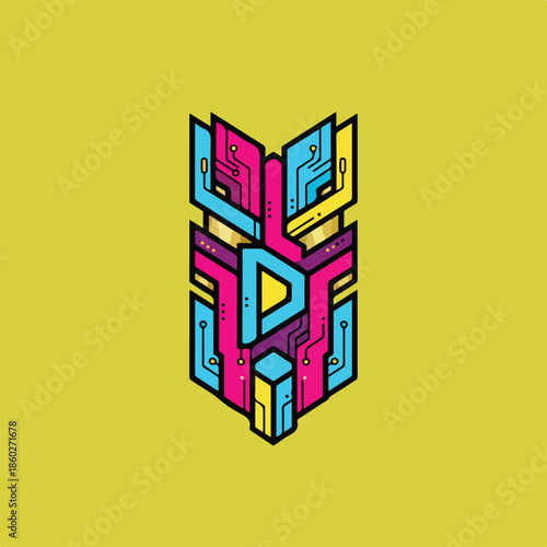 Decentralized finance logo, cyber primal abstraction, vertical geometric symbol.eps