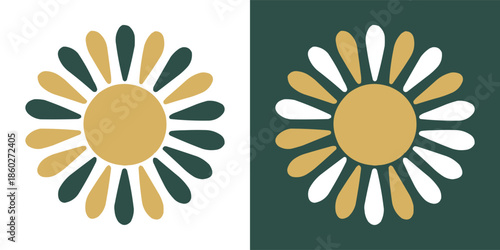 Stylized bright yellow and deep green floral sunburst patterns displayed side by side against contrasting backgrounds for design use