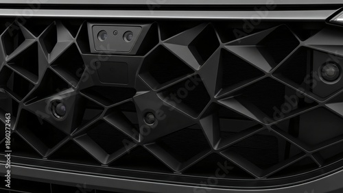Close Up Front Grille of a Futuristic Geometric Concept Car with LED Accents