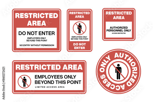 Collection of Restricted Area and Authorized Access Signs.