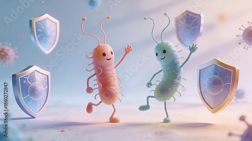 Cute Cartoon Bacteria Characters with Shields Representing Immune System Protection and Health.