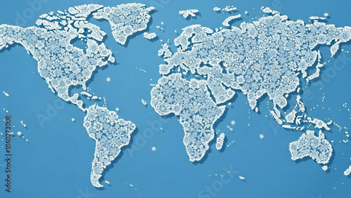 World map composed of small ice crystals representing global cold or winter suitable for climate change or travel concepts