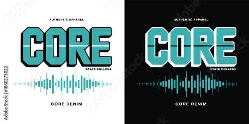 Graphic design set featuring the bold word core in an athletic collegiate typeface with sound wave elements presented in light and dark versions.