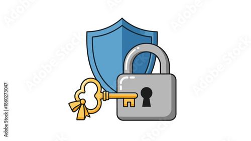 Padlock with Key and Shield Security.