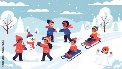 Children playing in the snow building a snowman and sledding down hills a joyful winter scene for holiday and seasonal designs