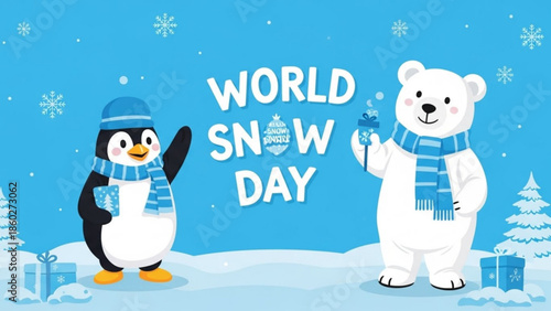 World Snow Day illustration with a cute penguin and polar bear festive winter celebration with snowflakes and gift boxes perfect for holiday greetings and seasonal promotions