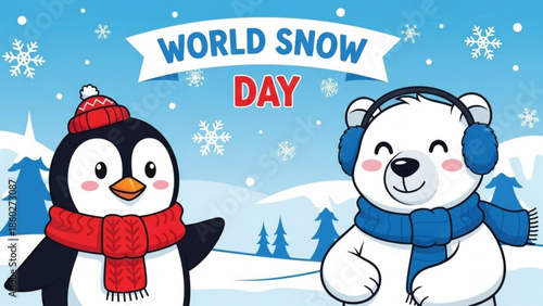 Cute penguin and polar bear celebrating World Snow Day with snowflakes and winter landscape perfect for holiday greetings and seasonal promotions