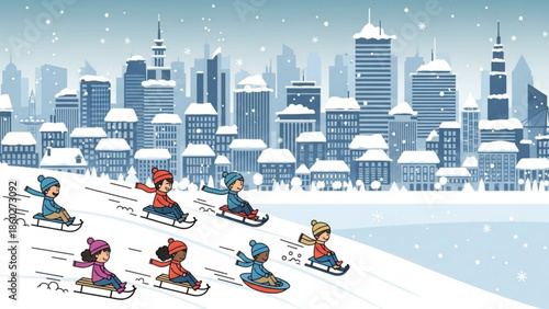 Children sledding down a snowy hill in a city winter fun and outdoor activity concept cartoon illustration